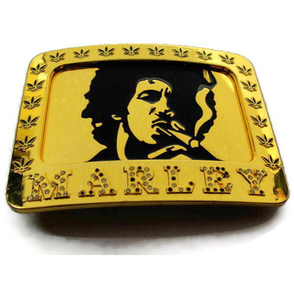 Bob Marley Enameled OSFA Reggae With Rhinestones Accent Gold Tone Belt Buckle - Picture 3 of 12